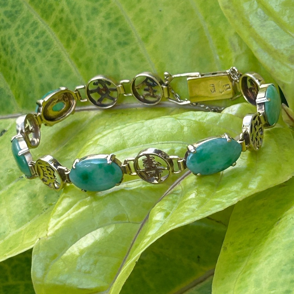 Vintage 14k solid yellow gold natural jadeite Chinese’s character link bracelet